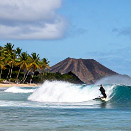 Caribbean Holidays, Guadeloupe Adventure, Surfer riding a wave at a tropical Guadeloupe beach with palm trees and volcanic hills in the background