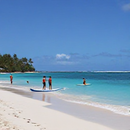 Caribbean Holidays, Guadeloupe Adventure, Surfers and paddleboarders enjoying a sunny beach on Guadeloupe's Grande-Terre coast