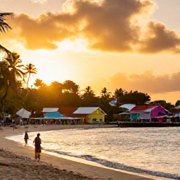 Caribbean Holidays, Guadeloupe Adventure, Travellers enjoying a quiet golden beach and colourful Creole village in Guadeloupe at sunset