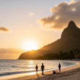 Caribbean Holidays, Guadeloupe Adventure, Travellers enjoying a scenic sunset near a Guadeloupe beach with tropical hills and warm evening light