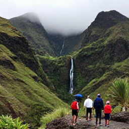 Caribbean Holidays, Guadeloupe Adventure, Travellers hiking towards a waterfall on La Soufri&egrave;re volcano in Guadeloupe, misty green mountain scenery