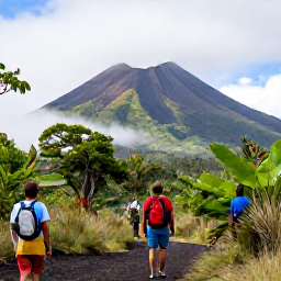 Caribbean Holidays, Guadeloupe Adventure, Travellers hiking towards La Soufri&egrave;re volcano in Guadeloupe, with misty mountain scenery and tropical vegetation