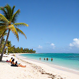 Caribbean Holidays, Guadeloupe Adventure, Visitors swimming and relaxing on a beautiful sandy beach in Guadeloupe with palm trees and turquoise sea