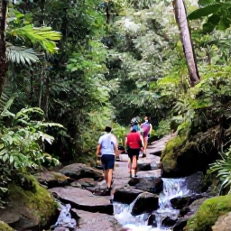 Caribbean Holidays, Guadeloupe Adventure, Waterfall and rainforest trail in Basse-Terre, Guadeloupe, with walkers crossing a rocky path