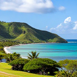Caribbean Holidays, Guadeloupe Adventures, A bright April morning overlooking a lush Guadeloupe coastline, with turquoise sea, green hills and a small sailing boat