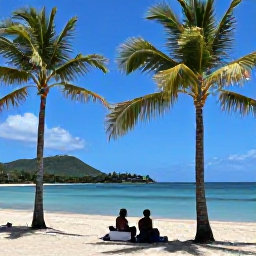 Caribbean Holidays, Guadeloupe Adventures, A relaxed Guadeloupe beach scene in April with travellers beside palm trees, clear blue water and distant green hills