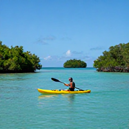 Caribbean Holidays, Guadeloupe Adventures, A sea kayaker paddling through the calm turquoise waters of the Grand Cul-de-Sac Marin in Guadeloupe, surrounded by mangroves and small tropical islands