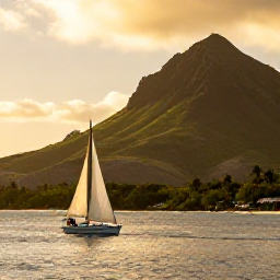 Caribbean Holidays, Guadeloupe Adventures, A small sailing boat travelling along the dramatic green coastline of Guadeloupe at sunset, with calm Caribbean sea and volcanic hills