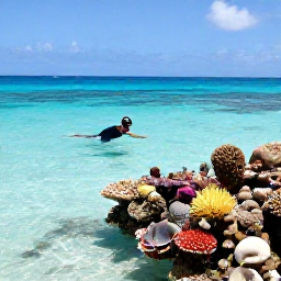 Caribbean Holidays, Guadeloupe Adventures, A snorkeller above a colourful coral reef near a Guadeloupe beach, with clear Caribbean water, tropical fish and bright sunlight