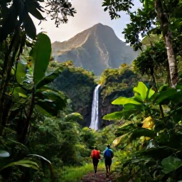 Caribbean Holidays, Guadeloupe Adventures, Hikers walking through dense tropical rainforest towards a waterfall in Guadeloupe, with volcanic mountains and filtered sunlight