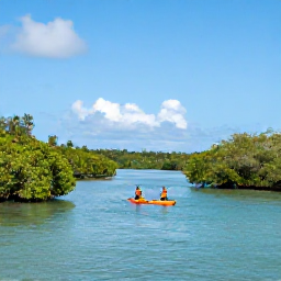 Caribbean Holidays, Guadeloupe Adventures, Kayakers paddling across calm turquoise water beside mangrove channels and tropical coastline in Guadeloupe