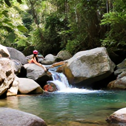 Caribbean Holidays, Guadeloupe Adventures, Visitors canyoning through a rocky Guadeloupe river surrounded by tropical forest, with clear water and small cascades