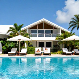 Caribbean Holidays, Guadeloupe All Inclusive, A bright all-inclusive hotel pool in Guadeloupe with sun loungers, families relaxing and tropical plants around the terrace