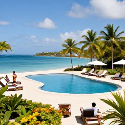 Caribbean Holidays, Guadeloupe All Inclusive, A comfortable Guadeloupe beach resort with a swimming pool, sun loungers, tropical gardens and guests enjoying a peaceful holiday