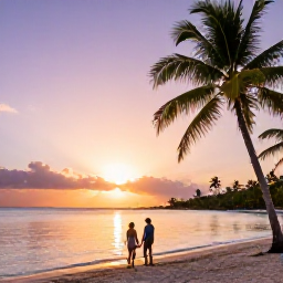 Caribbean Holidays, Guadeloupe All Inclusive, A couple enjoying a colourful Caribbean sunset from a Guadeloupe beach, with palm trees and calm sea