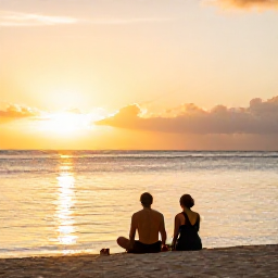 Caribbean Holidays, Guadeloupe All Inclusive, A couple relaxing at sunset on a Guadeloupe beach after an all-inclusive day, with calm sea and golden evening light