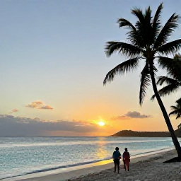 Caribbean Holidays, Guadeloupe All Inclusive, A couple walking on a sandy Guadeloupe beach at sunset, with calm turquoise sea and silhouettes of palm trees