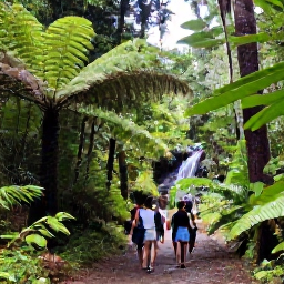 Caribbean Holidays, Guadeloupe All Inclusive, A lush Guadeloupe rainforest trail near a waterfall, with visitors walking beneath tropical trees and ferns