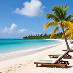 Caribbean Holidays, Guadeloupe All Inclusive, A relaxed tropical beach in Guadeloupe with clear turquoise water, palm trees and comfortable resort loungers