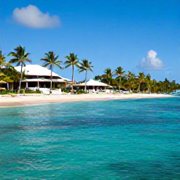 Caribbean Holidays, Guadeloupe All Inclusive, A sunny Guadeloupe beach with turquoise water, palm trees and comfortable all-inclusive resort facilities in the background