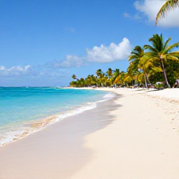 Caribbean Holidays, Guadeloupe All Inclusive, A wide sandy beach in Guadeloupe with clear turquoise water, palm trees and a relaxed Caribbean atmosphere