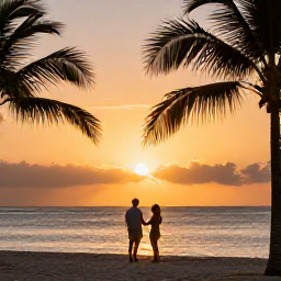 Caribbean Holidays, Guadeloupe All Inclusive, Couple enjoying a calm sunset beside a Guadeloupe beach resort, with warm evening light and palm silhouettes