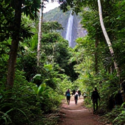 Caribbean Holidays, Guadeloupe All Inclusive, Guadeloupe rainforest trail near La Soufriere with tropical foliage, a waterfall and hikers exploring the landscape