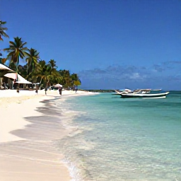Caribbean Holidays, Guadeloupe All Inclusive, Palm-fringed Grande-Terre beach in Guadeloupe with clear shallow water, white sand and a few traditional fishing boats