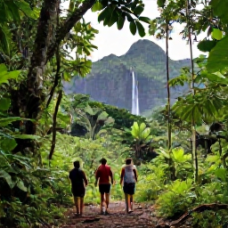 Caribbean Holidays, Guadeloupe All Inclusive, Travellers exploring a lush Guadeloupe rainforest trail near a waterfall, with tropical foliage and volcanic mountains