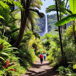Caribbean Holidays, Guadeloupe April Holidays, A lush Guadeloupe rainforest trail leading to a waterfall, with tropical plants, volcanic scenery and hikers exploring in April sunshine