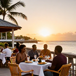 Caribbean Holidays, Guadeloupe April Holidays, A relaxed evening in Guadeloupe with outdoor dining, Creole food, gentle sunset light and a welcoming Caribbean holiday atmosphere