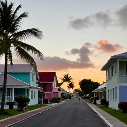 Caribbean Holidays, Guadeloupe April Tours, Charming Guadeloupe coastal village at sunset with pastel buildings, palm trees and visitors enjoying an evening stroll