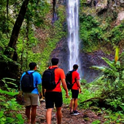 Caribbean Holidays, Guadeloupe April Tours, Hikers walking through lush Guadeloupe rainforest towards a waterfall in Basse-Terre