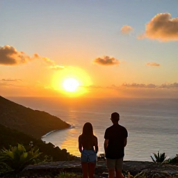 Caribbean Holidays, Guadeloupe August, Couple enjoying a scenic Guadeloupe sunset from a coastal viewpoint, warm Caribbean evening light