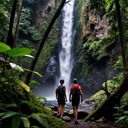 Caribbean Holidays, Guadeloupe August, Couple hiking through lush rainforest in Guadeloupe National Park near a waterfall
