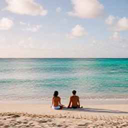 Caribbean Holidays, Guadeloupe August, Couple relaxing on a quiet tropical beach in Guadeloupe in August, turquoise sea and soft afternoon light