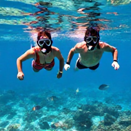 Caribbean Holidays, Guadeloupe August, Couple snorkelling in clear Caribbean water near Guadeloupe, with colourful fish and coral visible below