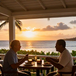 Caribbean Holidays, Guadeloupe August, Elegant open-air restaurant in Guadeloupe at sunset, with two adults enjoying Creole and French-inspired food