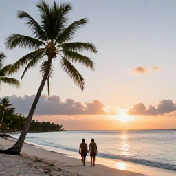 Caribbean Holidays, Guadeloupe August, Romantic Guadeloupe beach with palm trees, couples walking beside calm Caribbean water at sunset