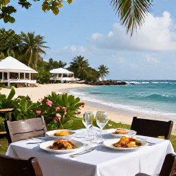 Caribbean Holidays, Guadeloupe August, Romantic outdoor table serving Creole and French food in a Guadeloupe seaside village