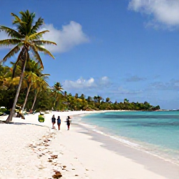 Caribbean Holidays, Guadeloupe August, Secluded white-sand beach on Guadeloupe with calm turquoise water, palm trees and two adults walking along the shore