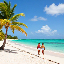 Caribbean Holidays, Guadeloupe Beach Holidays, A bright Caribbean beach in Guadeloupe in August, with turquoise water, white sand, palm trees and a relaxed couple walking beside the sea
