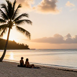 Caribbean Holidays, Guadeloupe Beach Holidays, A couple relaxing on a quiet Guadeloupe beach at sunset, with soft golden light, calm Caribbean water and palm silhouettes