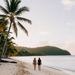 Caribbean Holidays, Guadeloupe Beach Holidays, A couple walking along a quiet Guadeloupe beach in the morning, with palm-fringed sand, calm turquoise water and green hills