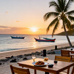 Caribbean Holidays, Guadeloupe Beach Holidays, A relaxed beachfront restaurant in Guadeloupe at sunset, serving Creole food beside the sea with colourful fishing boats nearby