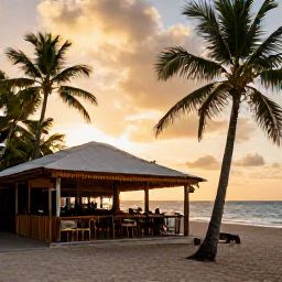 Caribbean Holidays, Guadeloupe Beach Holidays, A relaxed Guadeloupe beach holiday scene at sunset, with a small beachside restaurant, local food, palm trees and warm evening light