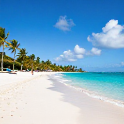 Caribbean Holidays, Guadeloupe Beach Holidays, A sunlit Guadeloupe beach in December with turquoise water, white sand, palm trees and a few relaxed visitors