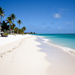 Caribbean Holidays, Guadeloupe Beach Holidays, A wide white-sand beach on Grande-Terre, Guadeloupe, with turquoise Caribbean water, palm trees and a few sun loungers