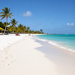 Caribbean Holidays, Guadeloupe Beach Holidays, A wide white-sand beach on Grande-Terre in Guadeloupe, with turquoise Caribbean water, palm trees and a few relaxed visitors
