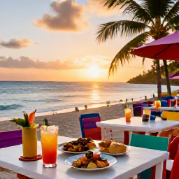Caribbean Holidays, Guadeloupe Beach Holidays, Colourful Guadeloupe beachside restaurant at sunset in December with Creole food, tropical drinks and a relaxed holiday atmosphere